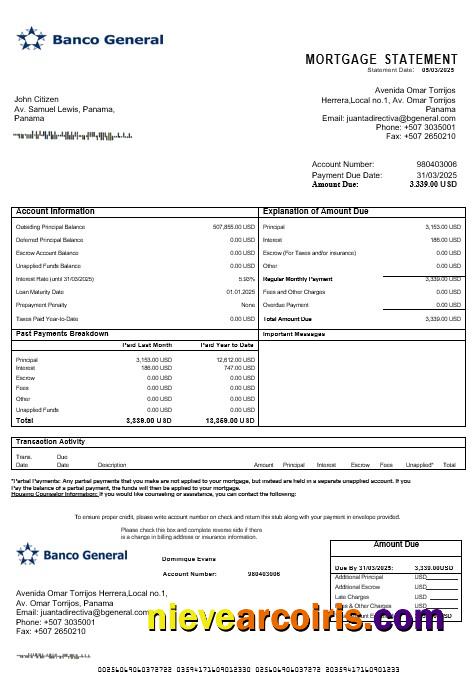 Panama Banco General mortgage statement